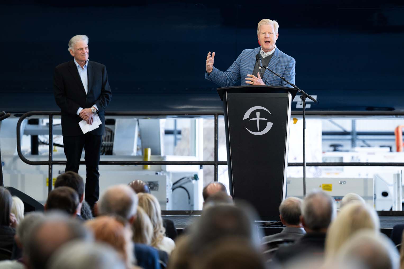 Liberty University Chancellor Jonathan Falwell encourages attendees with a reminder of the eternal impact made by those who serve through Samaritan’s Purse aviation.