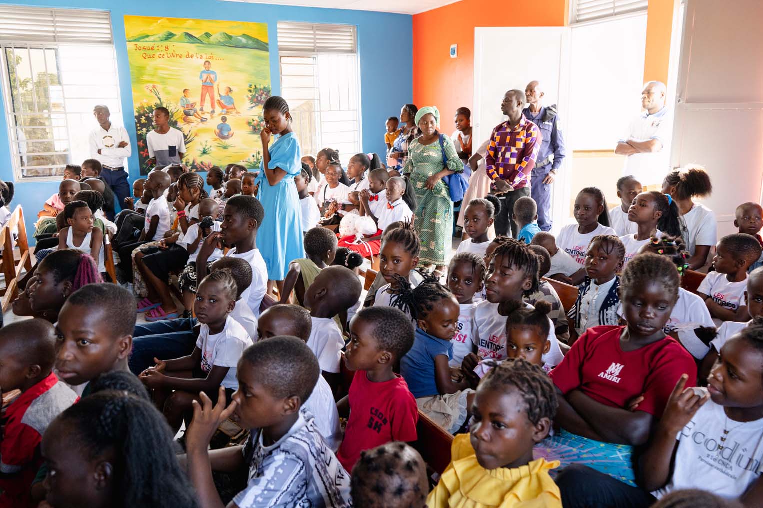 Children and families gather in the new Sunday school building in Bunia as the church celebrates the dedication of a space created just for them.