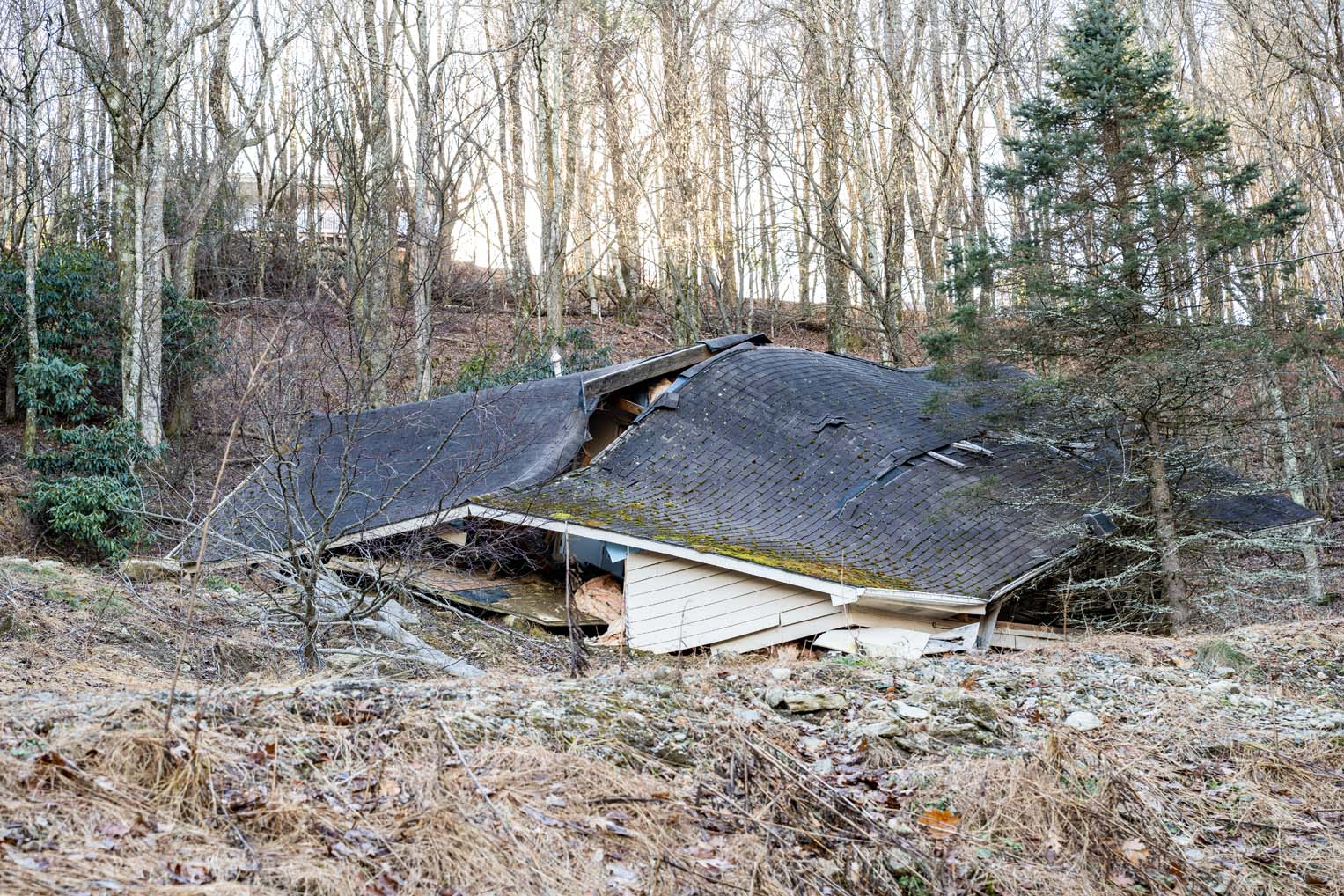 The remains of Scott and Meta’s former home still lie in the woods, a stark reminder of the landslide that took everything in an instant.