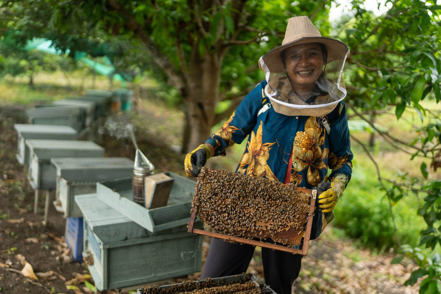 Seangly tends to her precious beehives. Samaritan's Purse also trains families on how to care for their bees and teaches best practices to grow a successful business. 