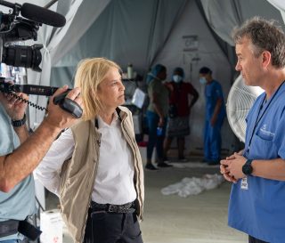 Greta Van Susteren shown interviewing medical staff at the Samaritan's Purse Emergency Field Hospital in Black River, Jamaica.