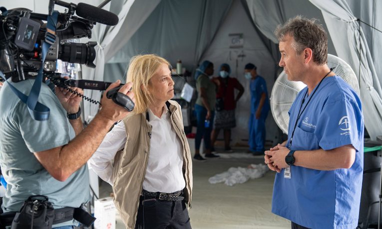 Greta Van Susteren shown interviewing medical staff at the Samaritan's Purse Emergency Field Hospital in Black River, Jamaica.