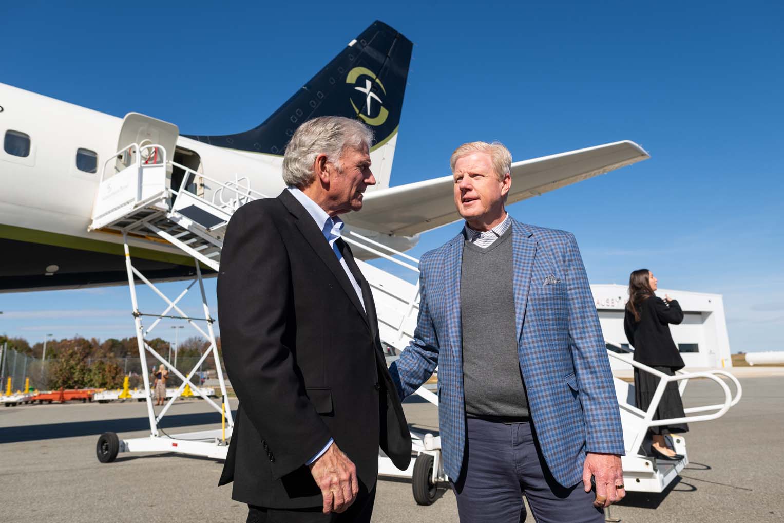 Franklin Graham meets with Liberty University Chancellor Jonathan Falwell falling the DC-8's retirement ceremony.