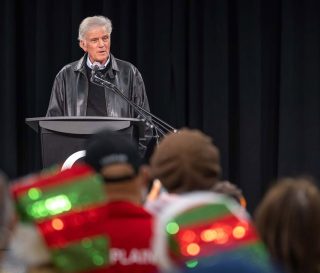Samaritan's Purse President Franklin Graham encourages volunteers during the dedication of the Mid-Atlantic Ministry Center.