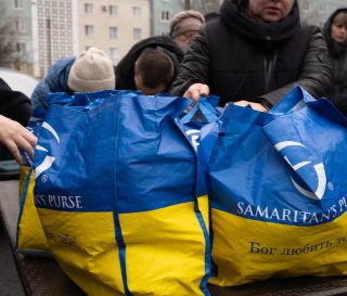 blue and yellow bags of food