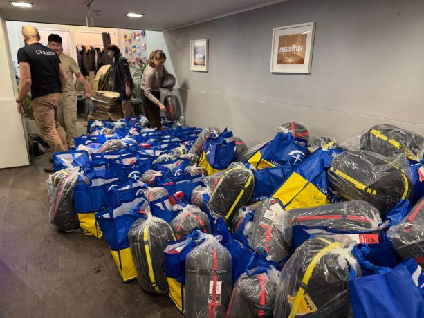 Emergency kits lined up and ready for distribution