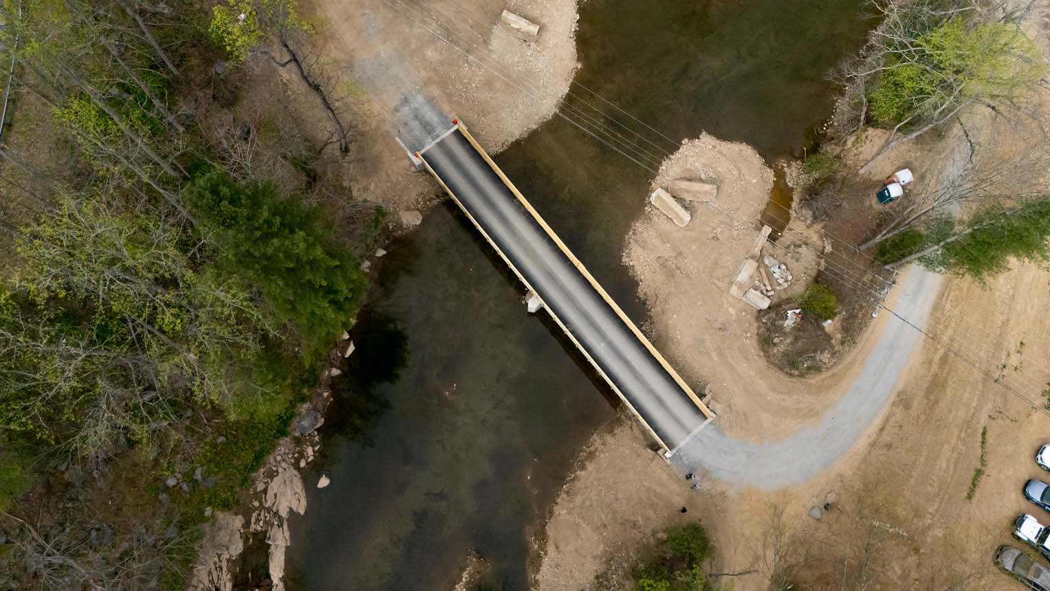 aerial photo of the new bridge crossing the Watauga River.