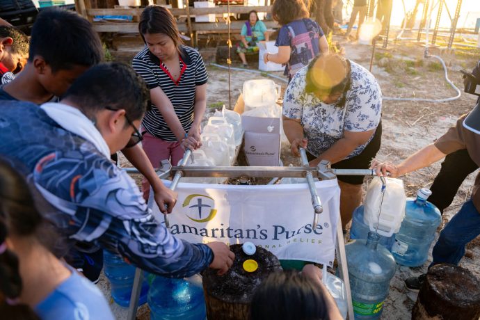 From sunup to sundown each day, lines form at our water filtration points on Saipan as families across the island fill up dozens of containers for cooking, cleaning, and drinking. 