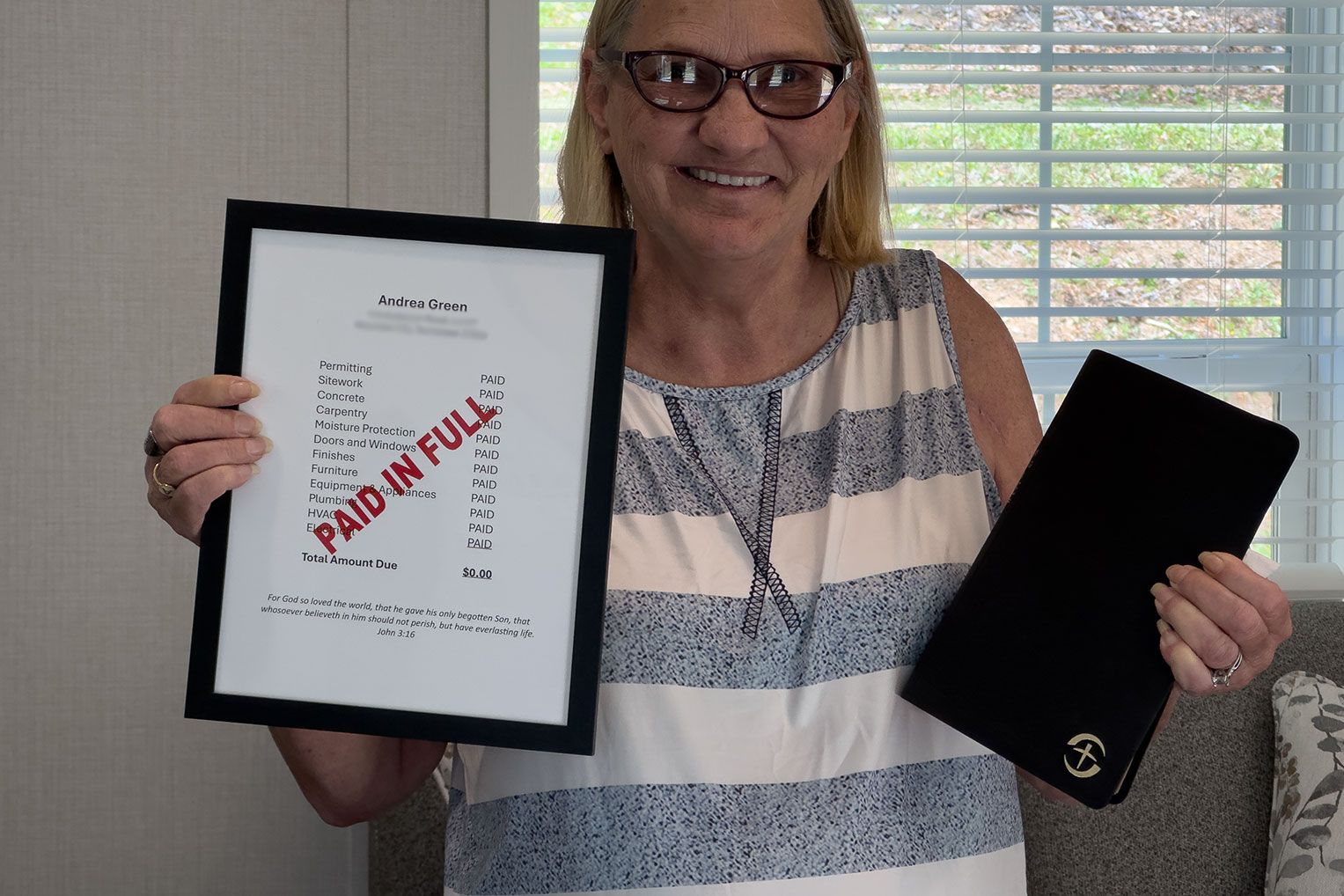 Andrea's new home was Paid in Full through the Samaritan's Purse rebuild program.