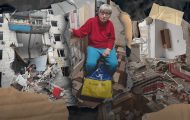 Collage of collapsed building, debris in a living room, and a Ukrainian cancer patient receiving a bag of food from Samaritan's Purse