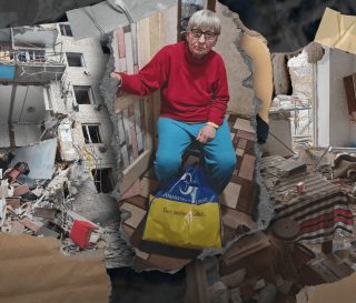 Collage of collapsed building, debris in a living room, and a Ukrainian cancer patient receiving a bag of food from Samaritan's Purse
