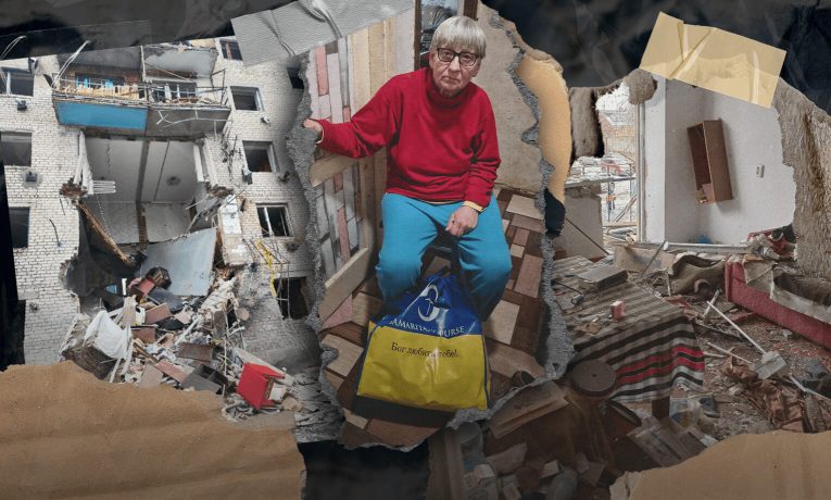 Collage of collapsed building, debris in a living room, and a Ukrainian cancer patient receiving a bag of food from Samaritan's Purse
