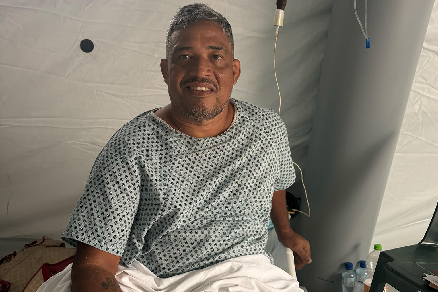 Carlos, ignoring his own injuries, rushed outside after the quakes and began rescuing survivors. After the dust and his adrenaline settled, he realized he needed medical attention.