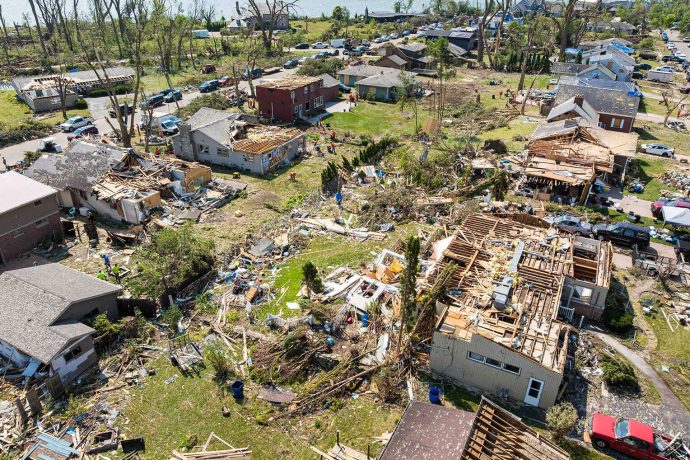 Aerial view of tornado destruction