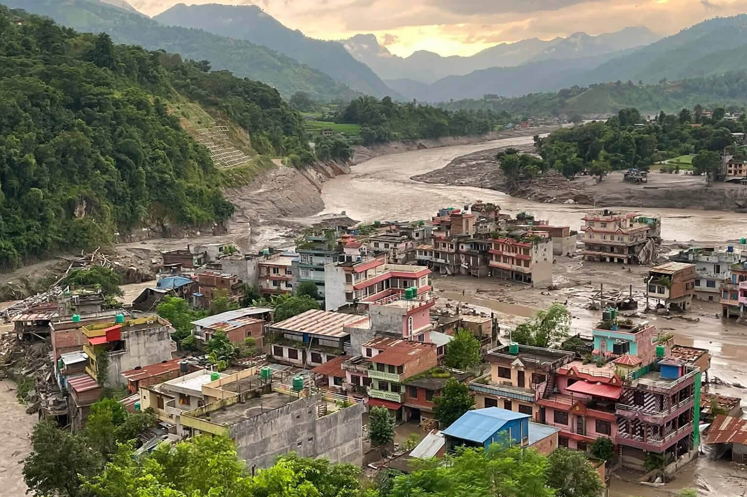 Houses flooded in the wake of a glacial avalanche in remote Nepal.