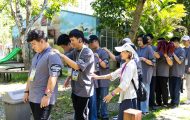 Cuong (left) participates in a group activity with other visually impaired students.